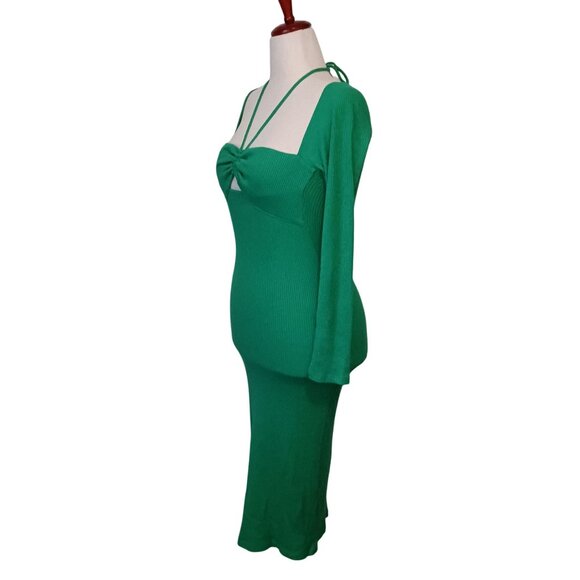 Zara Green LS Ribbed Cut-Out Stretch Midi Dress Size M Bodycon - Picture 4 of 13